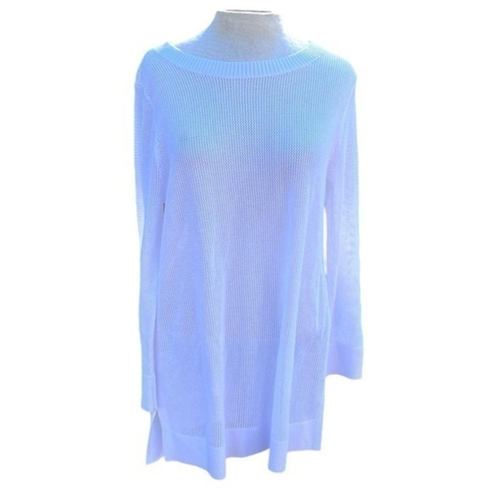T by Talbots long sleeve open knit blouse, white, crew neck, womens medium
